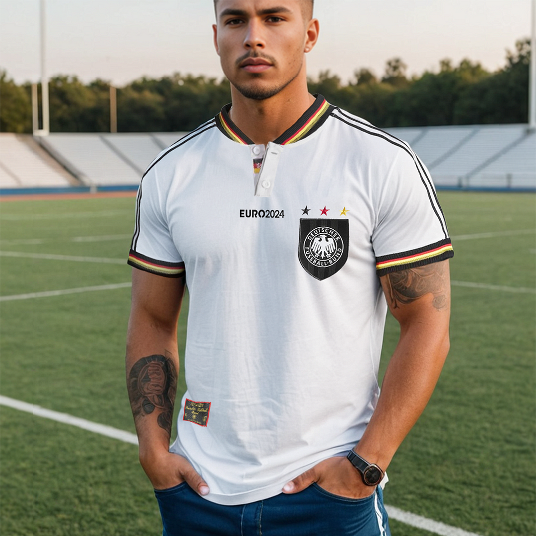 Men's Football Race 2024 Germany Loose Short Sleeve Block Henley Neck T-Shirt