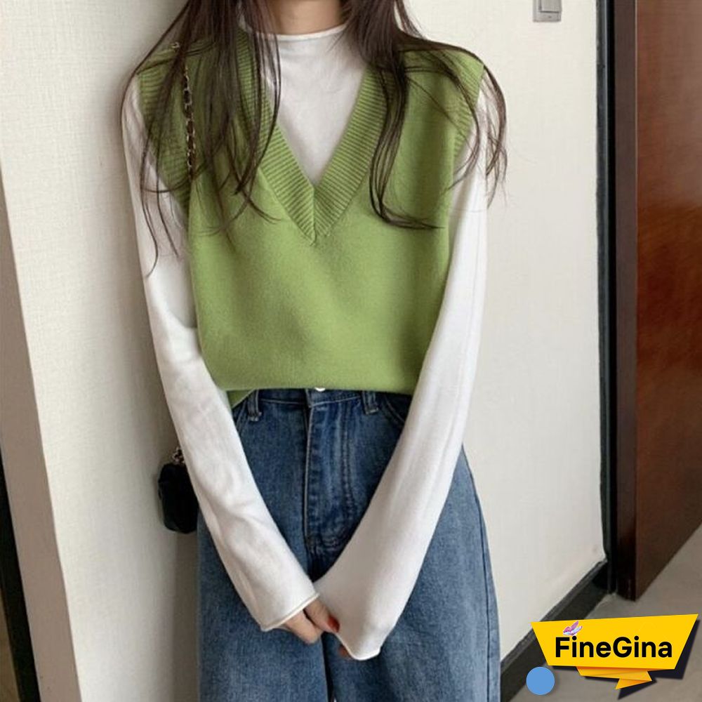 Sweater Vest Women Solid Autumn Winter All-match Leisure Outerwear Knitted V-Neck