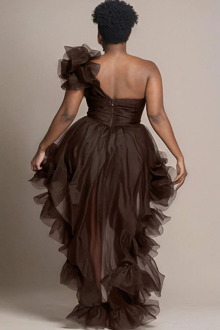 Xpluswear Design Plus Size Party Brown Oblique Collar Ruffle Elegant Asymmetric Hem Tulle Mini Dresses [Pre-Order]