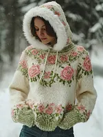 Women's Bohemian Style Pink Rose Art Warm Hooded Knitted Sweater