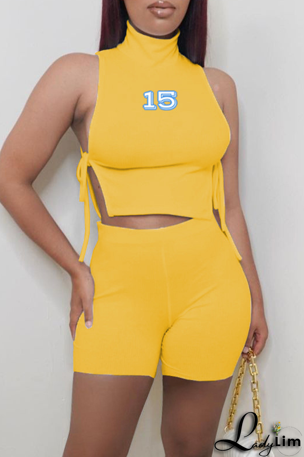 Yellow Fashion Print Draw String Half A Turtleneck Sleeveless Two Pieces