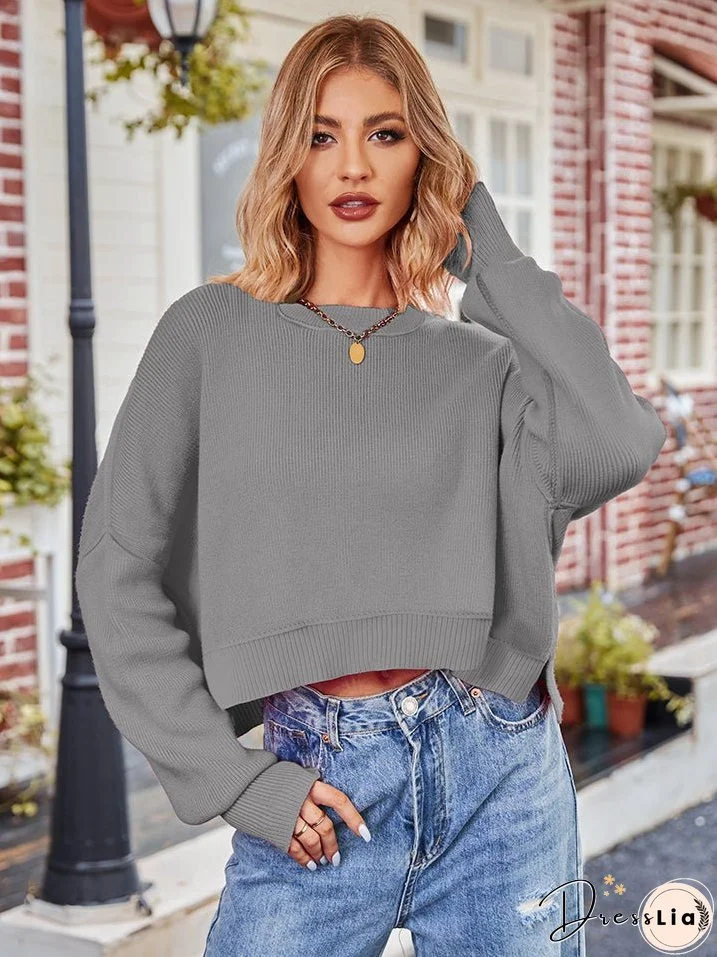 Dropped Shoulder Round Neck Long Sleeve Knit Top