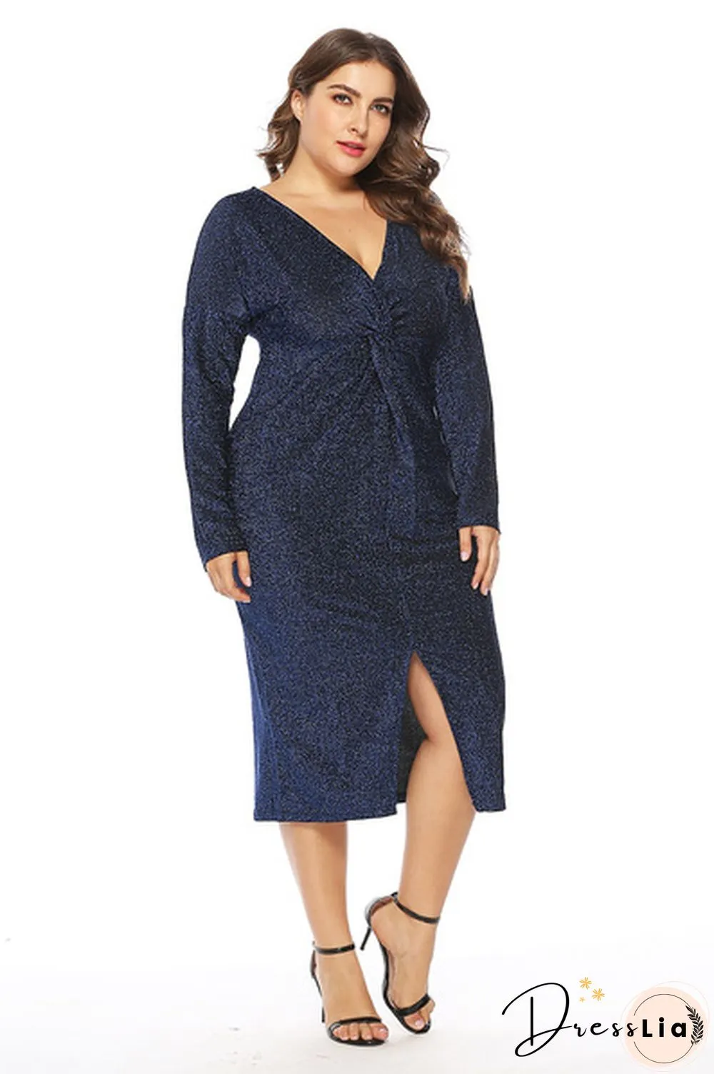 V Neck Long Sleeve Plus Size Metallic Shining Front Gathering Dress