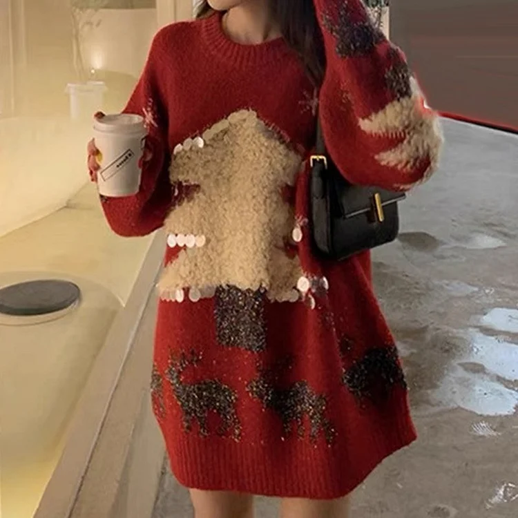 Red Cocoon Knitted Long Sleeve Christmas Sweater QueenFunky