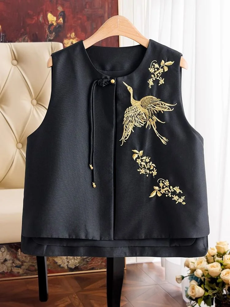 Ueong Chinese Style Guofeng Heavy Industry Golden Line Phoenix Embroidered Silk Vest Women's 2024 Spring Tassel Vest Horse Clip