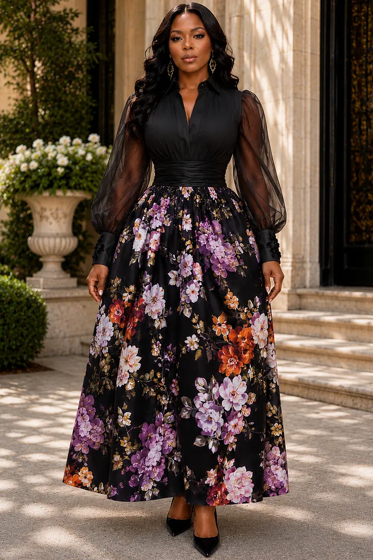 Xpluswear Design Plus Size Wedding Guest Elegant Satin Black Floral Shirt Collar Puff Sleeve Long Sleeve See Through Contrast Tulle Maxi Dresses [Pre-Order] 2024 - Xpluswear