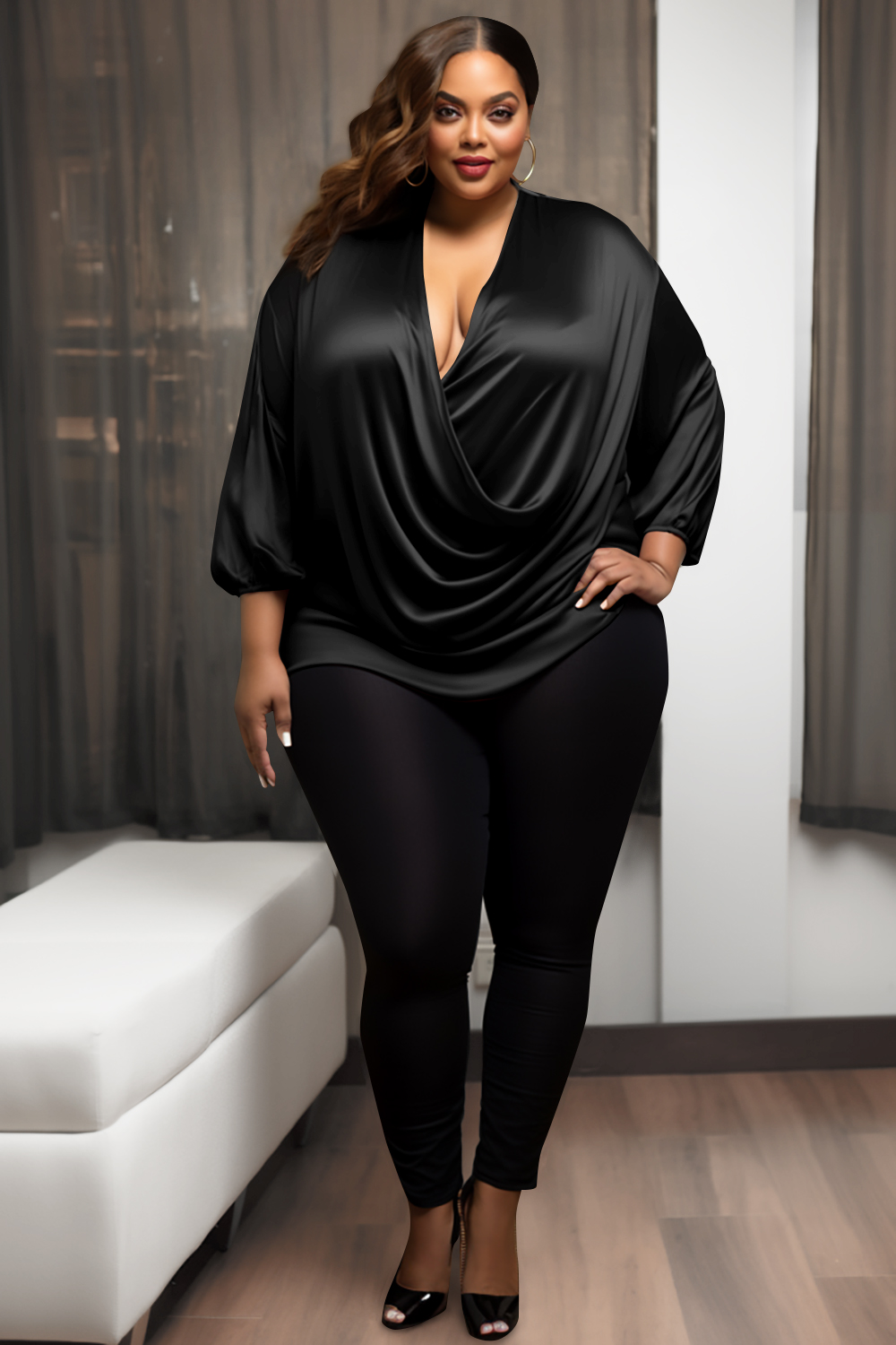 Design Plus Size Daily Black Cowl Neck 3/4 Sleeve Fold Satin Tops [Pre-Order]