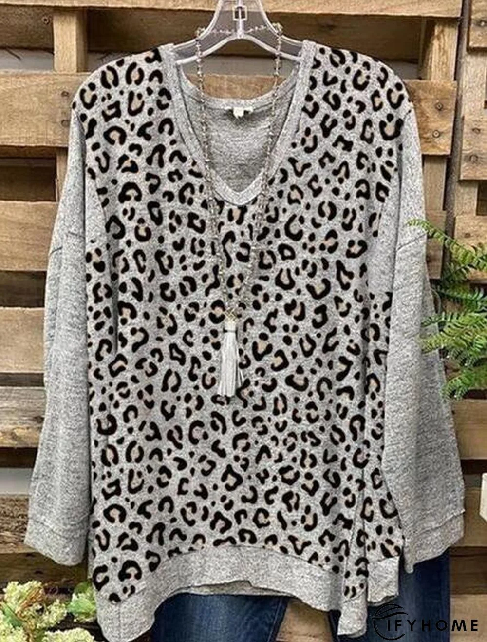 Casual Long Sleeve Color-Block Leopard Tunic T-Shirt | IFYHOME