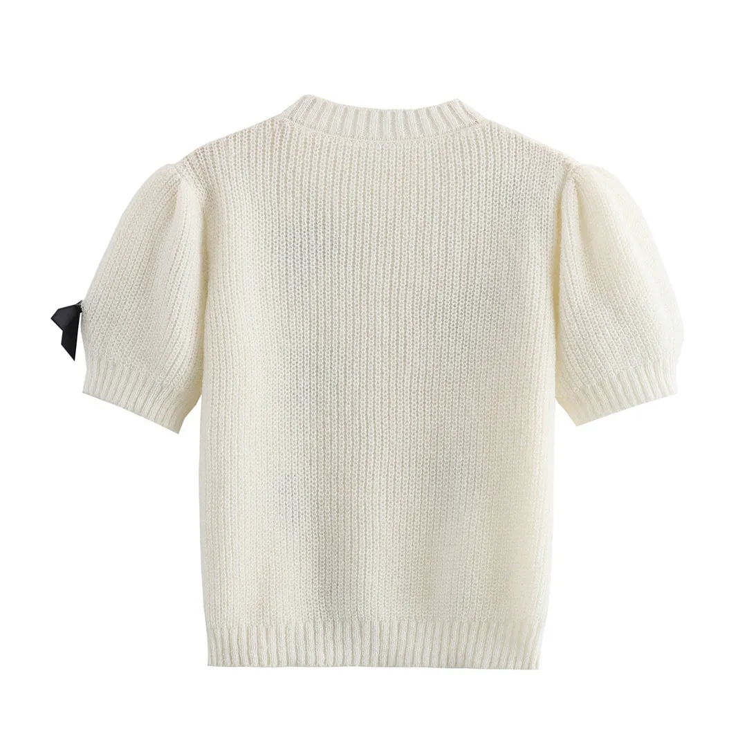 Nigikala Nigikala Autumn Women's Round Collar Bow Decoration Short Solid Color Sweater B88739
