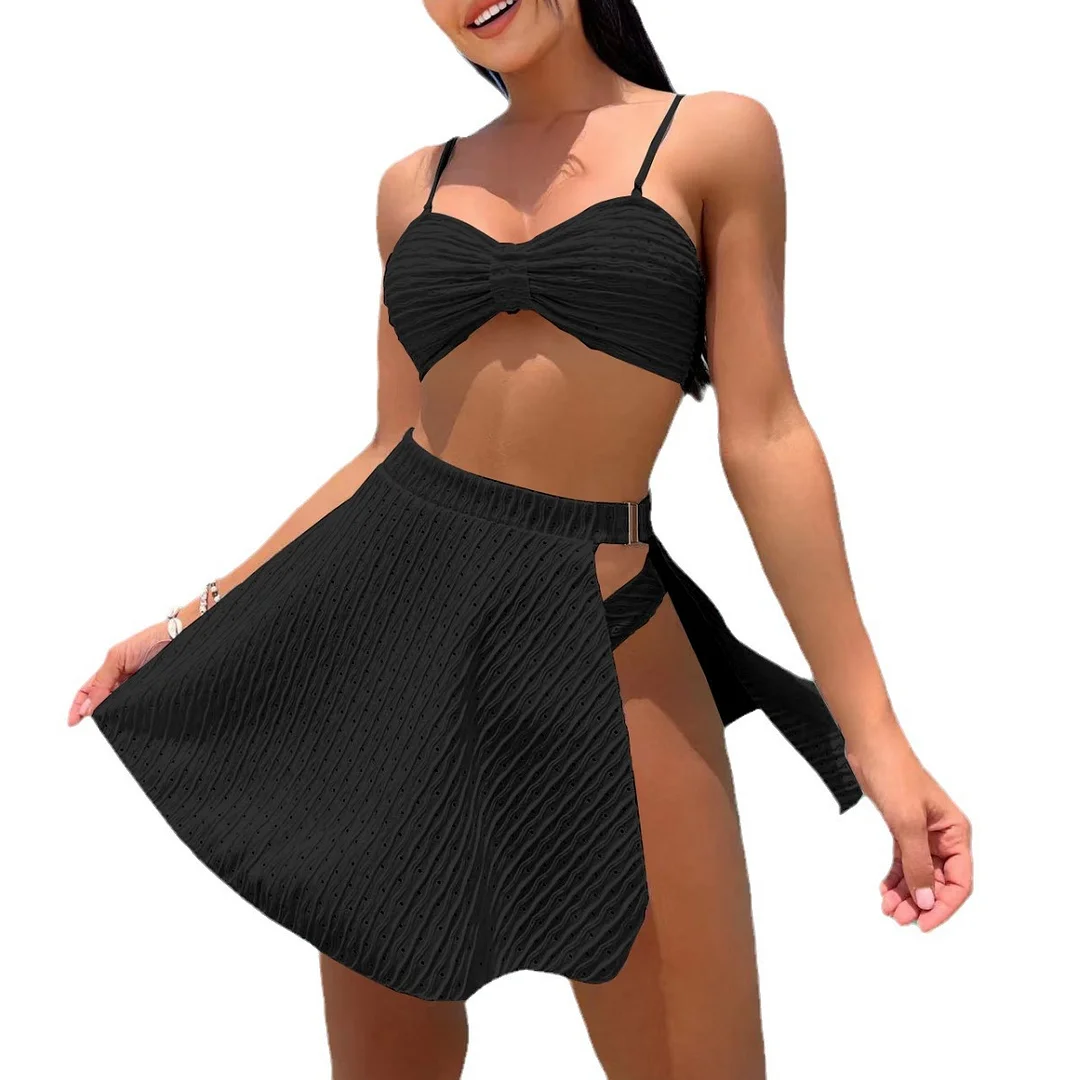 Uveng 2023 New Leak Eye Cloth Sexy Side-Leak Net Yarn Three-Piece Swimsuit Swimsuit Bikini