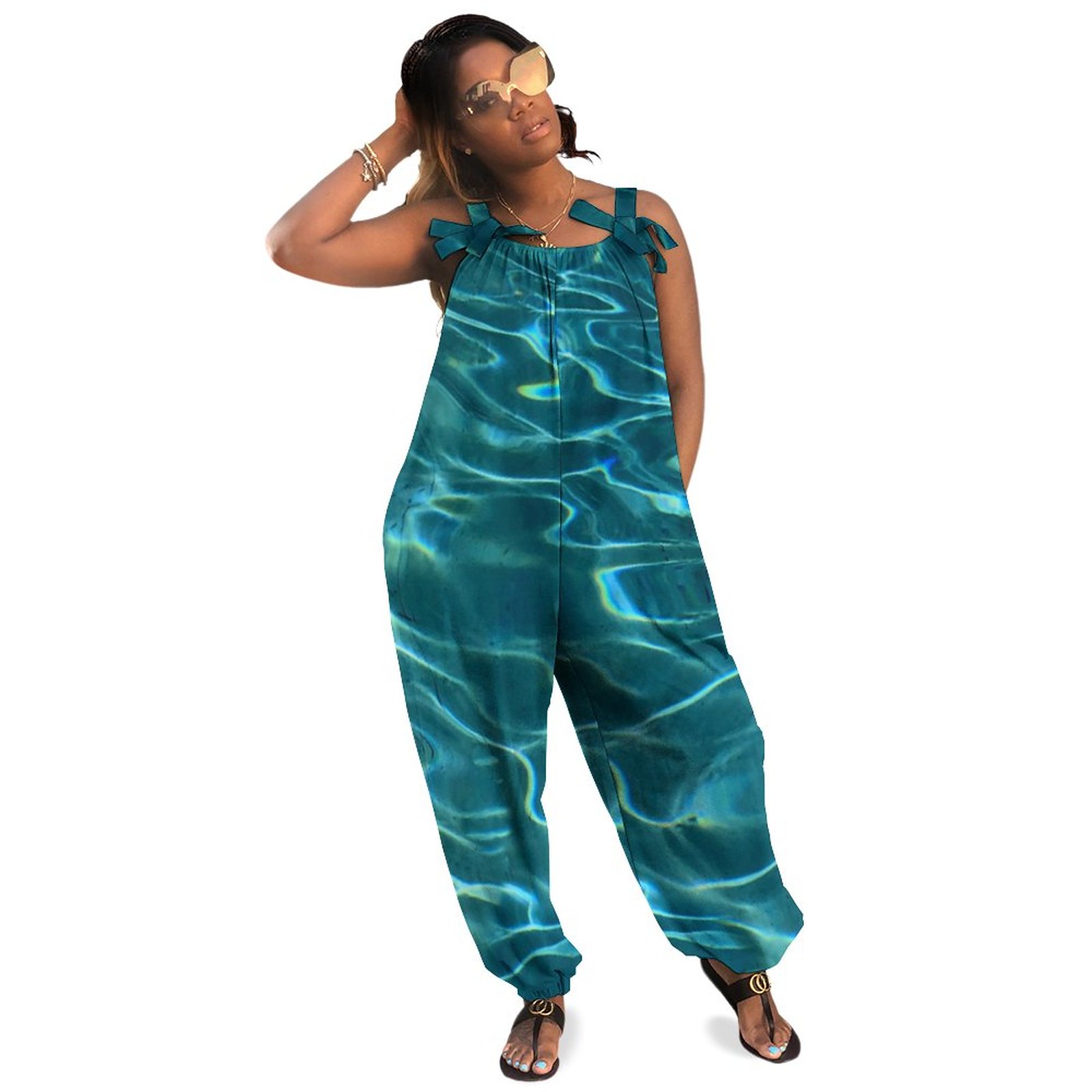 Aqua Blue Water Pattern Plus Size Wide Leg Jumpsuit Women Summer Casual Boho Style Natural Waist Pockets Long Length Spandex Blend