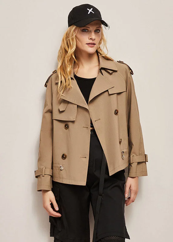 Casual Khaki Peter Pan Collar Double Breast Cotton Short Coat