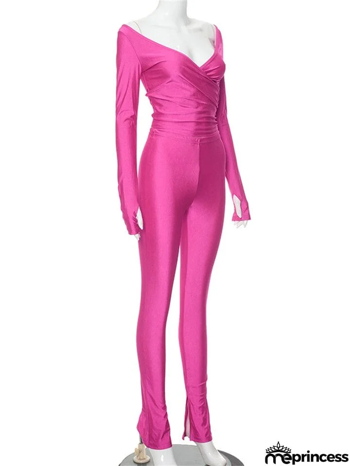 Ladies Sexy V Neck Pure Color Stretchy Shirt + Skinny Pants