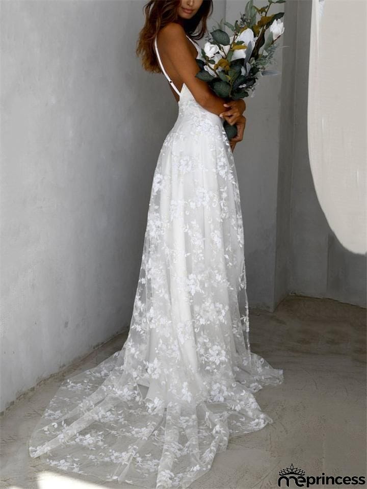 Spaghetti Strap Low V Neck Floral Lace High Slit Wedding Dress