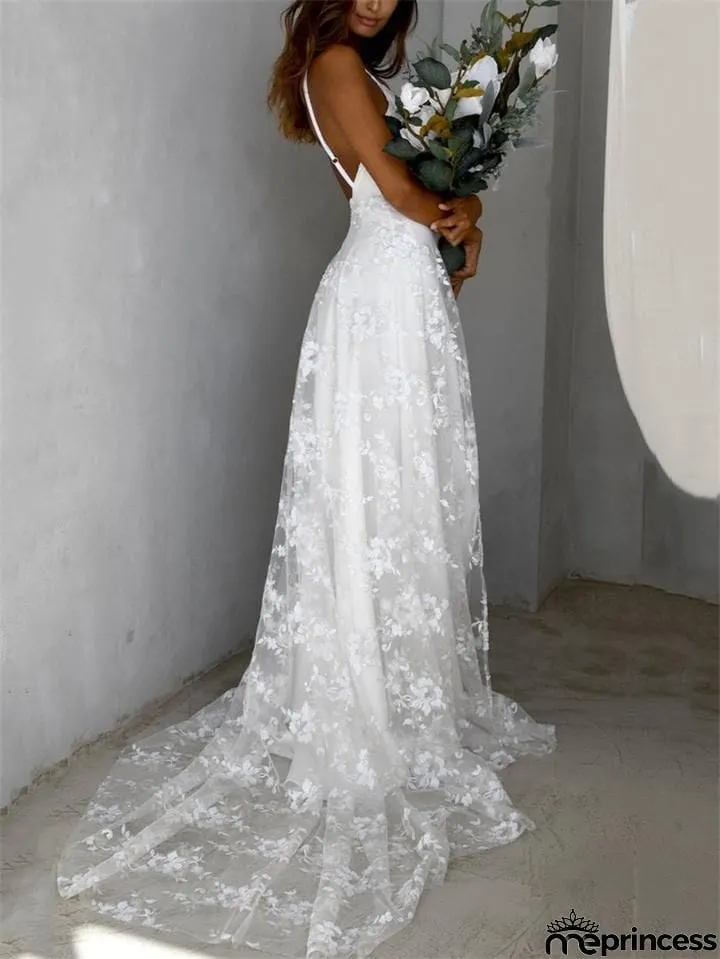 Spaghetti Strap Low V Neck Floral Lace High Slit Wedding Dress