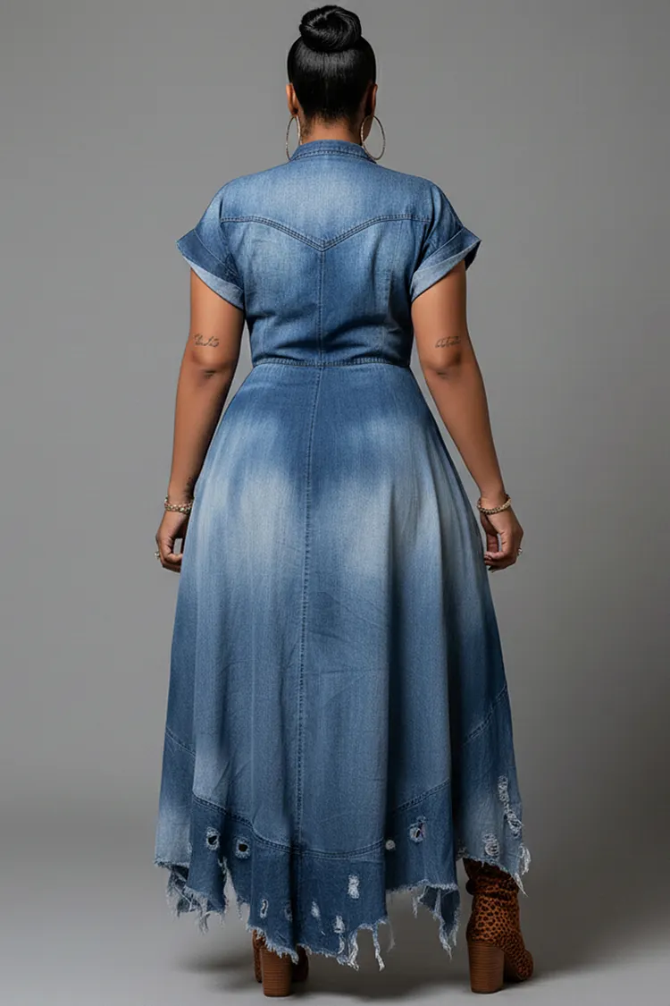 Xpluswear Design Plus Size Party Blue V Neck Short Sleeve Ripped Asymmetric Hem Denim Midi Dresses [Pre-Order]