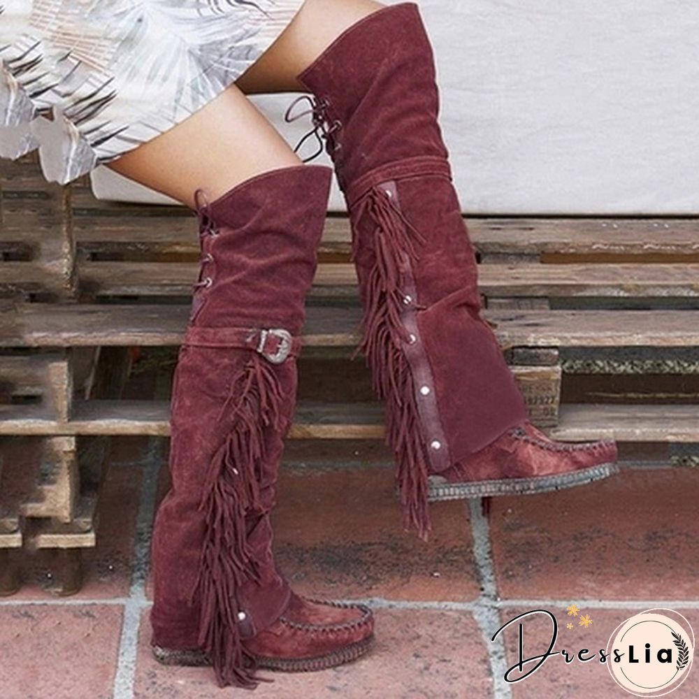 Winter Women Faux Suede Tassel Boots Fashion Ethnic Fringe Boho Long Boots Flat Heel Knee High Boots