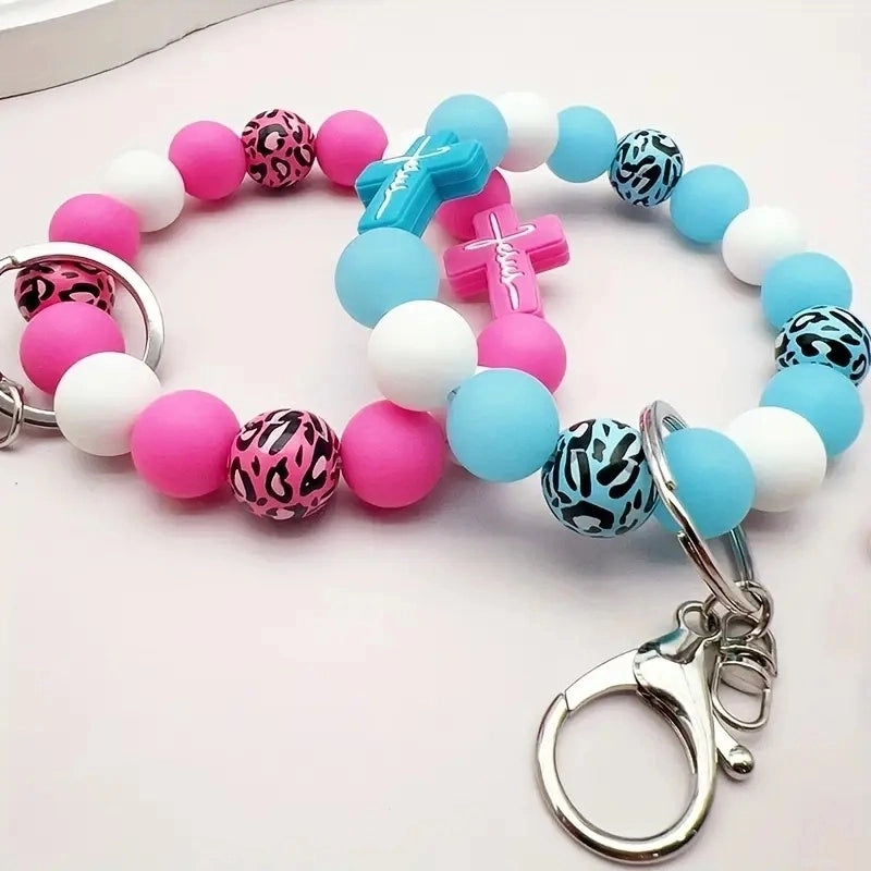 Casual Classic Style Sports Cross Leopard Alloy Wooden Beads Silica Gel Beaded Keychain
