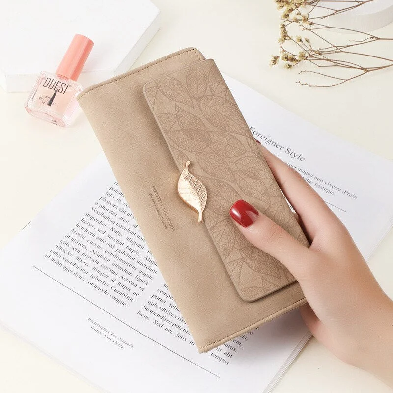 New PU Leather Retro Long Wallets for Women 2022 Simple Frosted Leaf Zipper Buckle Card Holder Large Capacity Women's Clutch