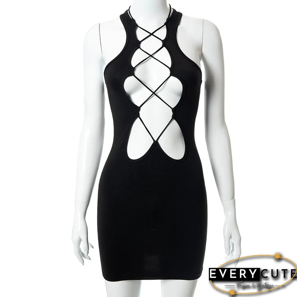 Wierd Puss Sexy Hollow Out Bandage Dress Night Club Sleeveless Skinny Fitness Body Con