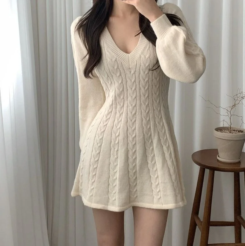 Long-Sleeve Cable-Knit Mini A-Line Sweater Dress YP626