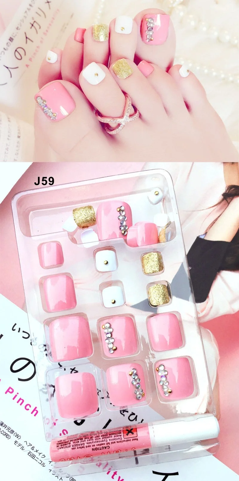 24 Pcs/Set Fresh Style Toe Fake Nails 3D Foot Full Toes Nail Art Tips False Nails  for Lady Girls Toenails Press on Nail-Nail Inspo