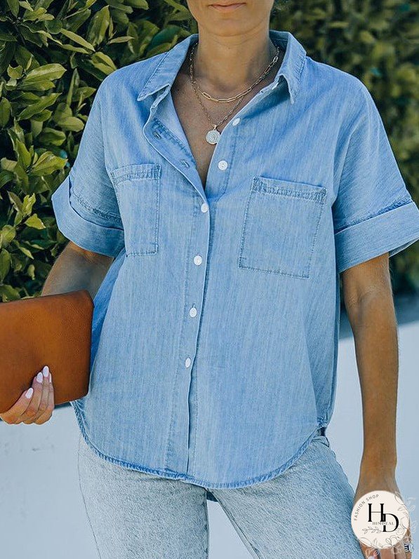 Women's Striped V-Neck Denim Shirt