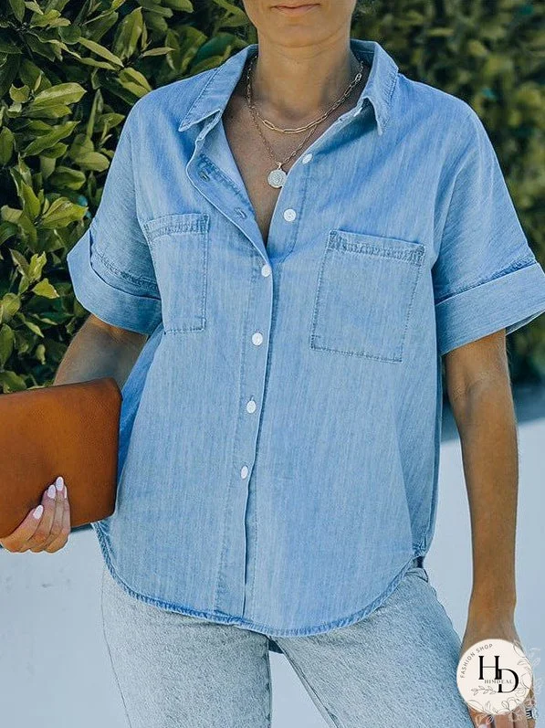 Women's Striped V-Neck Denim Shirt