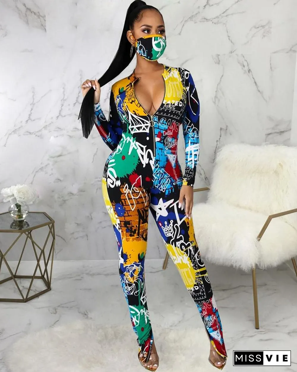 Graphic Print Zipper Front Skinny Jumpsuit With Face Mask