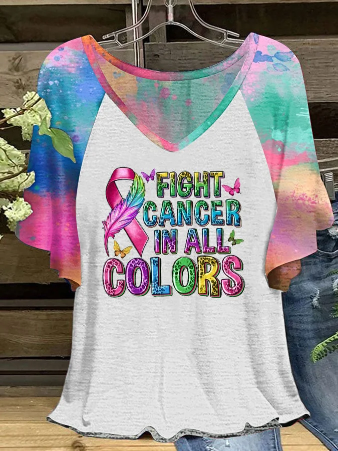 Women's Fight Cancer In All Colors Ruffle Sleeve T-Shirt.