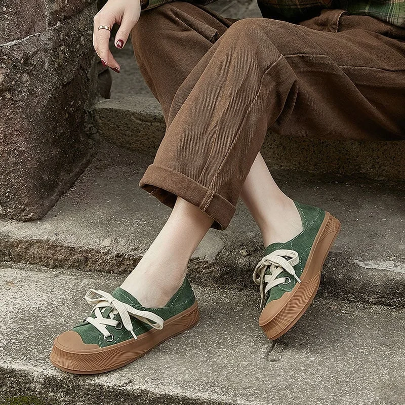 Handmade Soft Leather Lace Up Platform Oxford Shoes in Green/Khaki