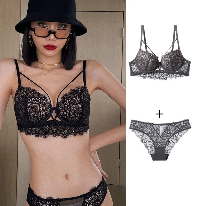 Billionm Lace Embroidery Underwear Sexy Hollow Cotton Padded Push Up Bra Set Women Classic Black Plus Size Brassiere Lingerie Sets