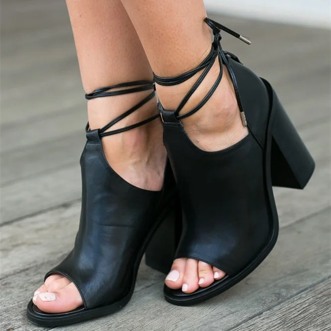Black Cut Out Boots Open Toe Chunky Heel Strappy Ankle Boots |FSJ Shoes