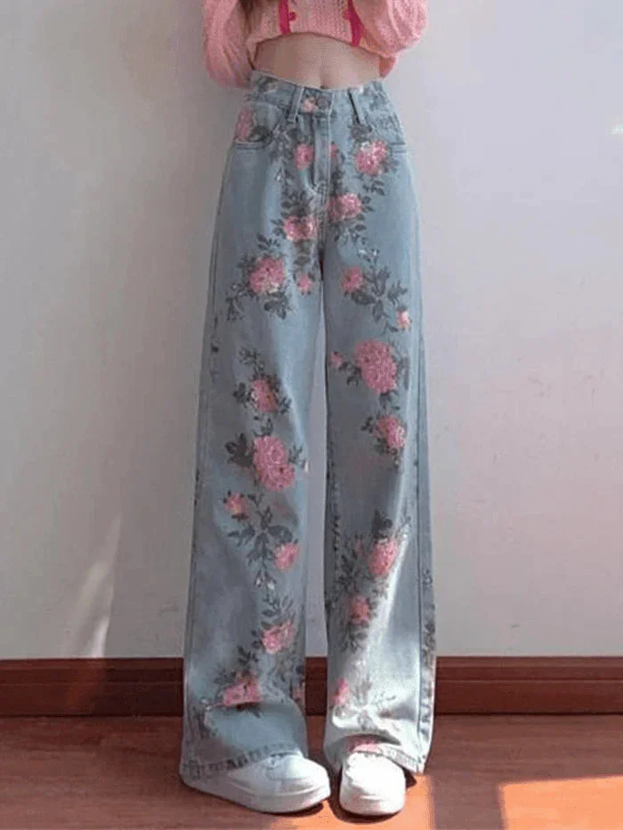 Brownm High Waisted Floral Boyfriend Jeans