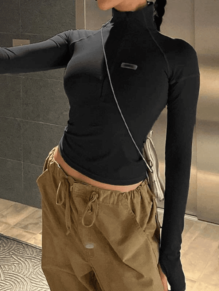 Brownm Zip-Up Long Sleeve Crop Top