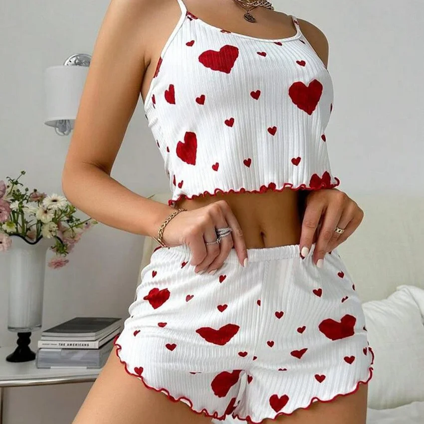 Uveng Summer New 2024 Knitted Pit Strip Love Print Design Sweet Sling Shorts Pure Pyjamas Woman
