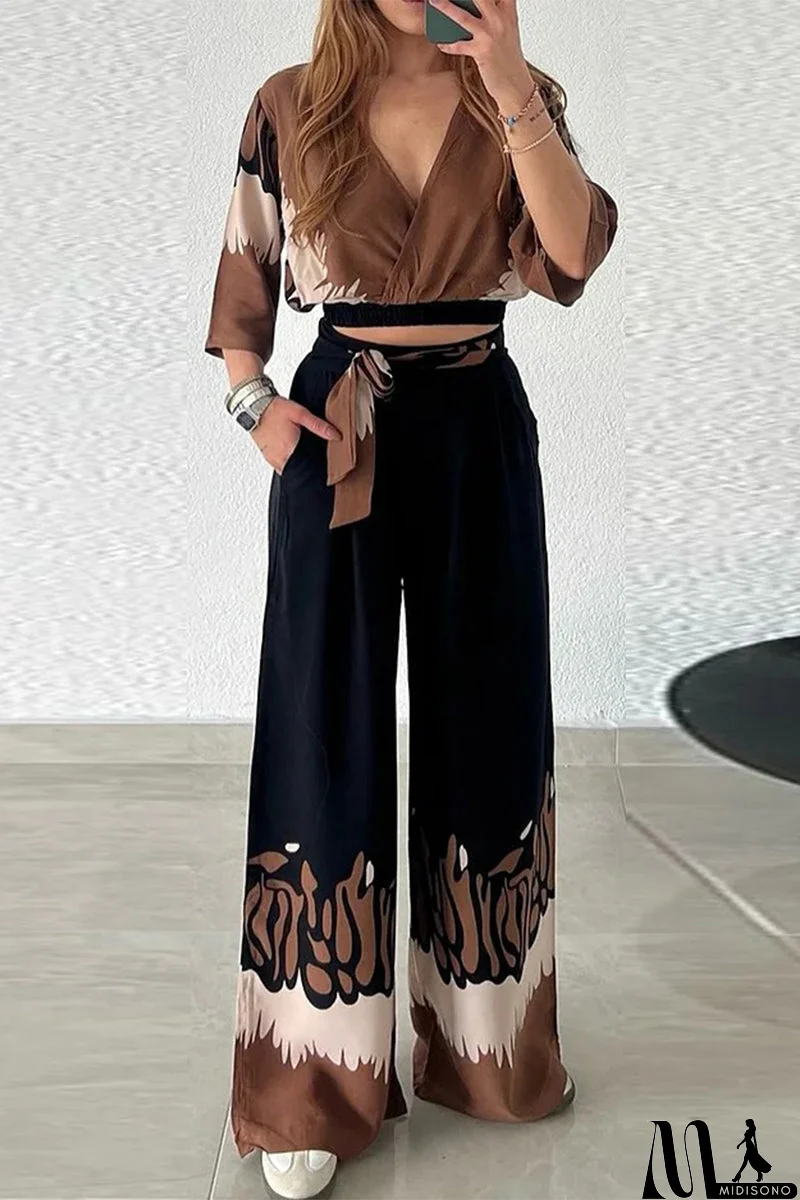 MidiSono - Casual Gradient Print Pocket Contrast V Neck Nine Points Sleeve Two Pieces