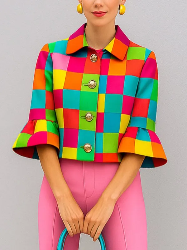 Loose Three-Quarter Sleeves Buttoned Plaid Lapel Outerwear COLORFUL-M