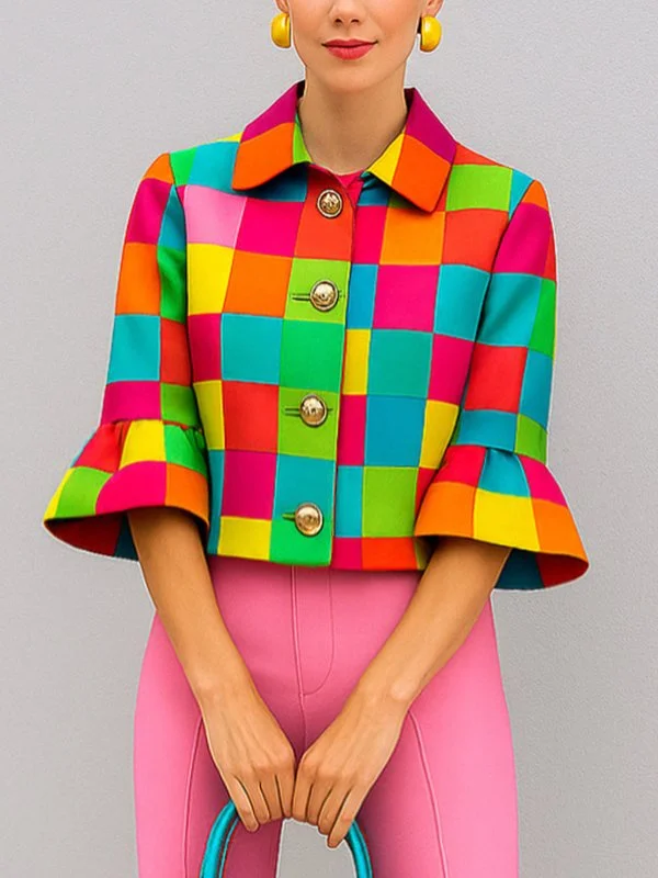 Buttoned Plaid Loose Three-Quarter Sleeves Lapel Outerwear