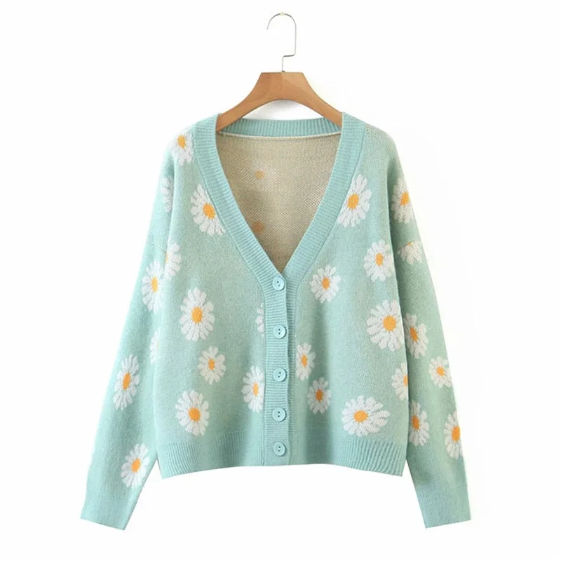 Floral Print Cardigan Women Knitted Sweater Long Sleeve V Neck Jumper Loose Women Oversize Cardigan Casual Coat Jersey Mujer