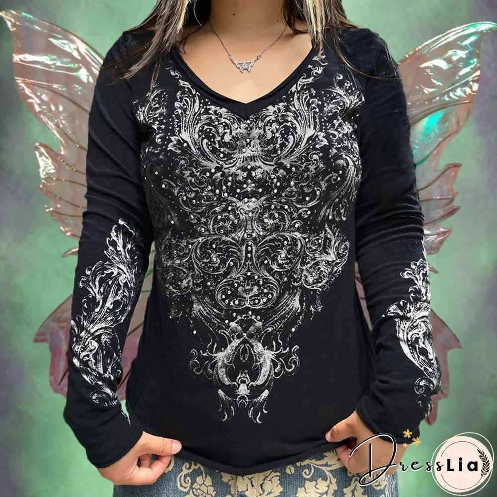 Vintage V Neck Printed Long Sleeve Shirt