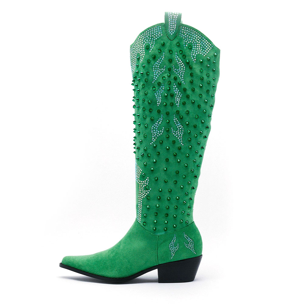 Suede  Green Knee High Cowgirl Boots Rivet Decor Cone Heels Boots