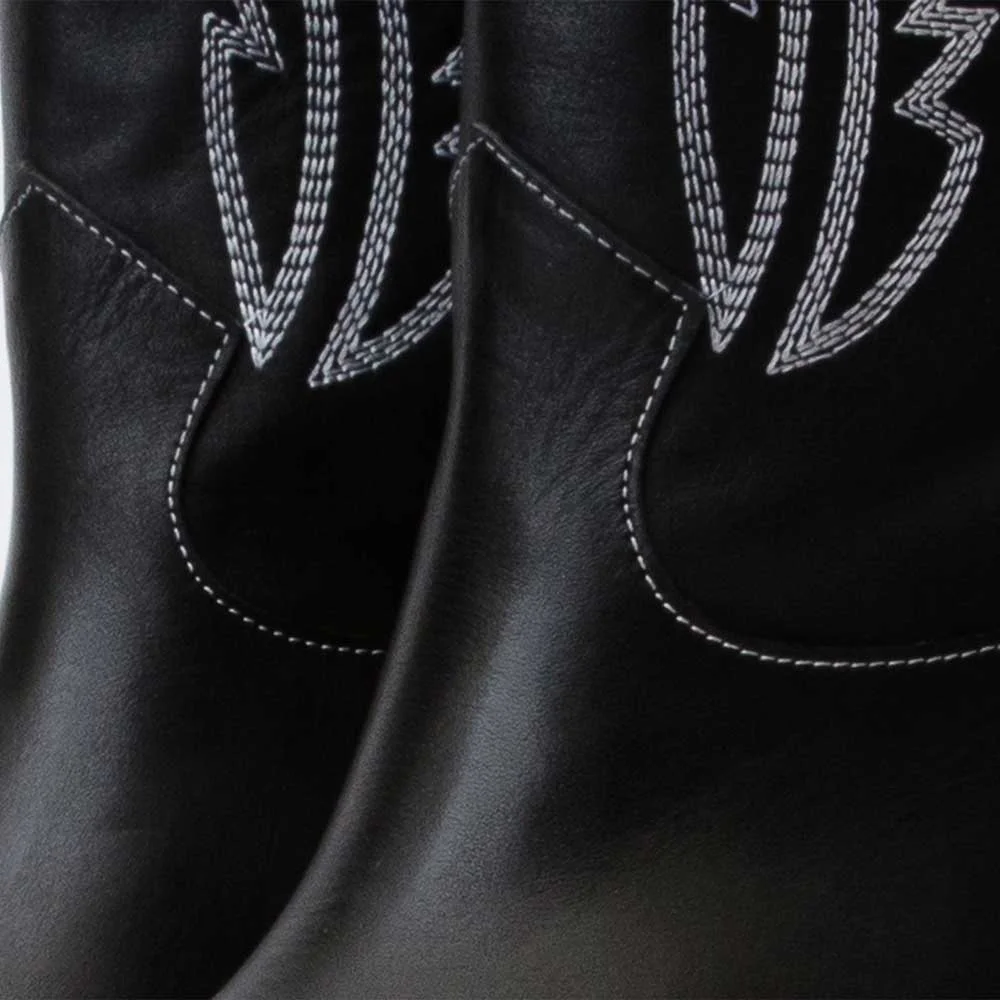 Black Pointed Toe Embroidered Chunky Heel Western Boots for Women
