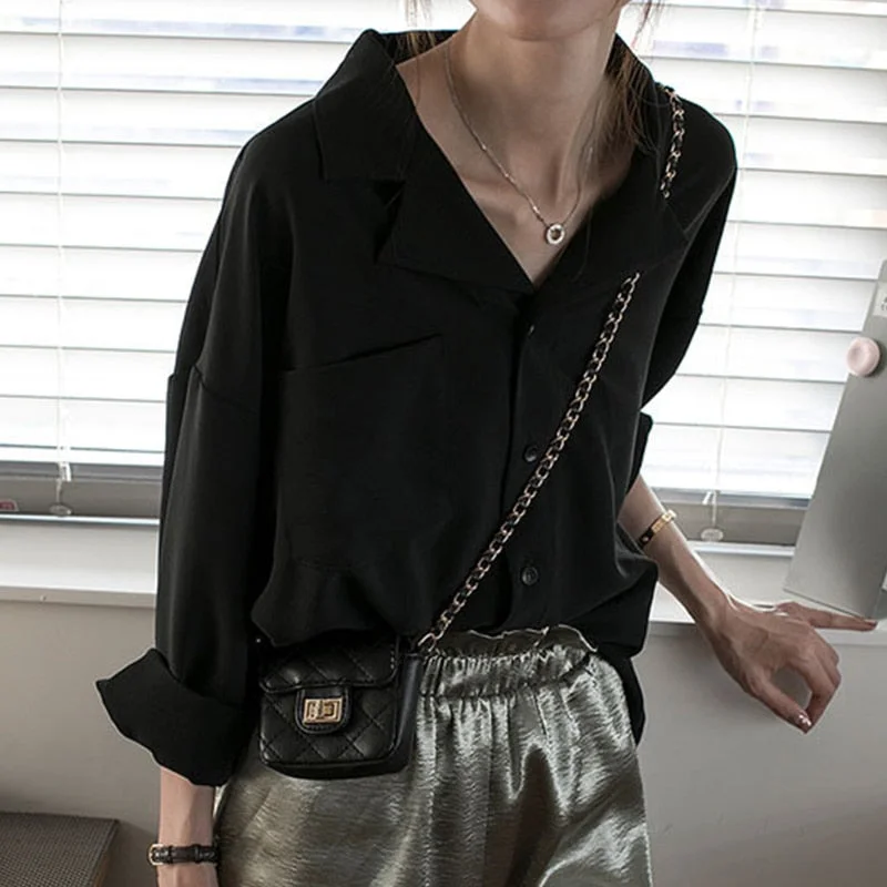 New Arrival Women Solid V Neck Notched Chiffon Blouse Button Up Oversize Black Shirt Elegant Korea Style Feminina Blusa T9O907F