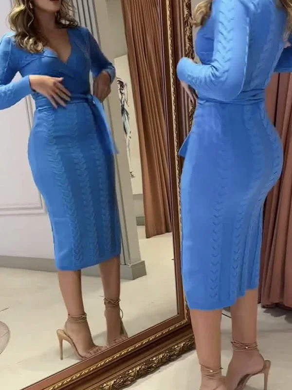 Style & Comfort for Mature Women Women's Long Sleeve V-neck Soild Midi Dress