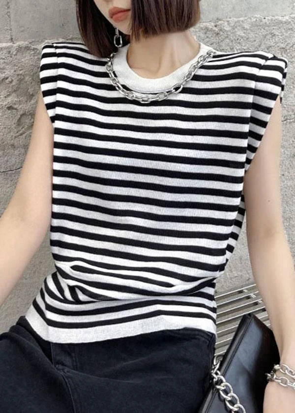 Modern Black Striped Summer Tee Short Sleeve Cold Shoulder
