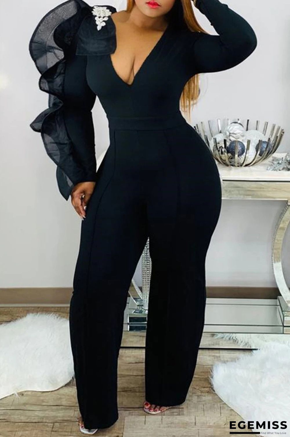 Black Fashion Casual Patchwork Solid Color V Neck Plus Size Jumpsuits | EGEMISS