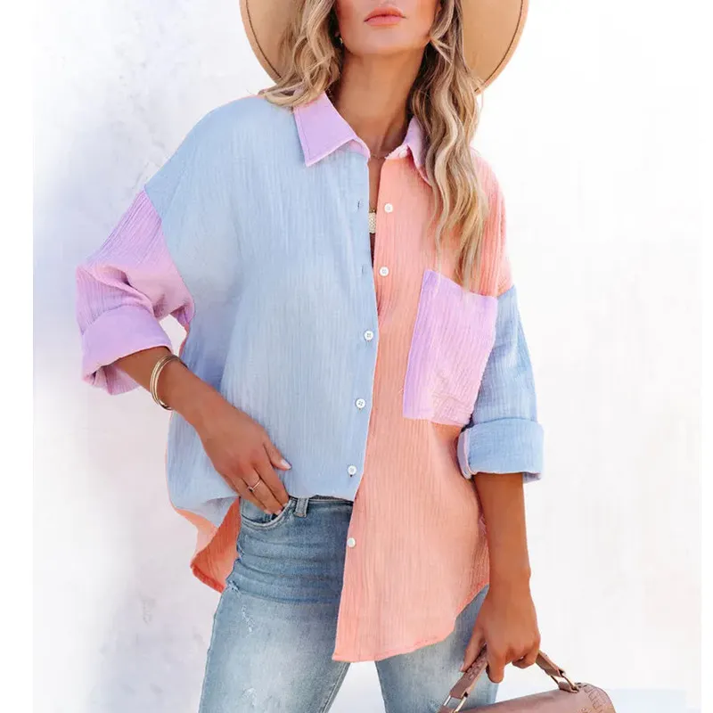 Women Color Block Button Down Shirt