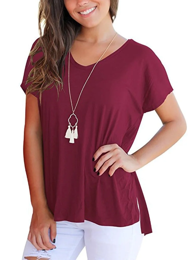 2022 Summer New Plus Size Short Sleeve T Shirt Women Casual V Neck Hem Split Vintage Tops Female Loose Tee T-shirt