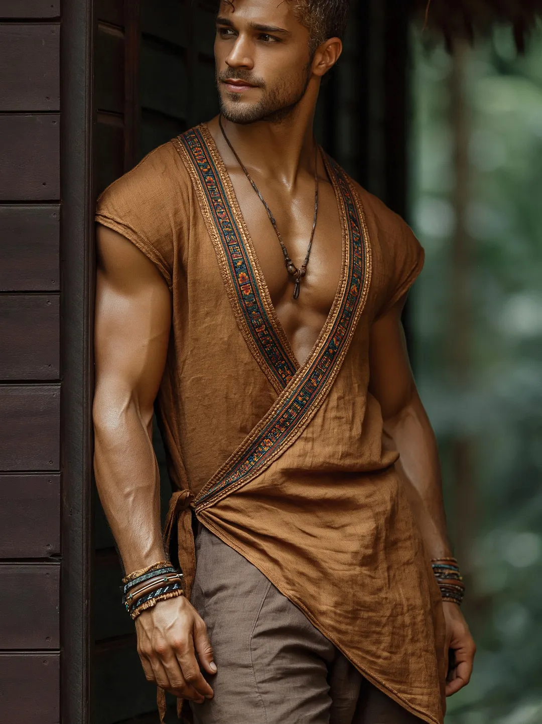 Bohemian Style Cotton Linen Sleeveless Wrap Top For Men With Embroidered Trim And Deep V-Neck Design-INSPIREUSE
